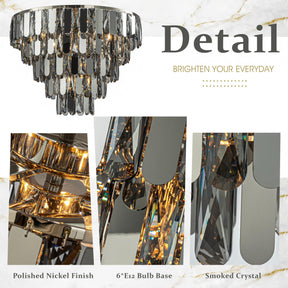 6-Light Dimmable 5-Tier Smoked Crystal Flush Mount Ceiling Light 22" Low Profile Fixture with Polished Nickel Finish and Stainless Steel Accents for Bedroom, Dining Room