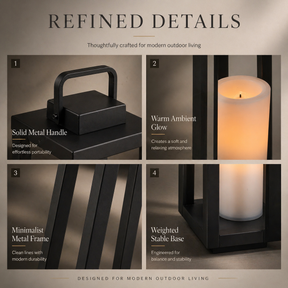 1 Light H16" Modern Matte Black Solar Lantern with Candle Shape Outdoor Light Decorative Portable Hanging LED Lights for Patio Camping
