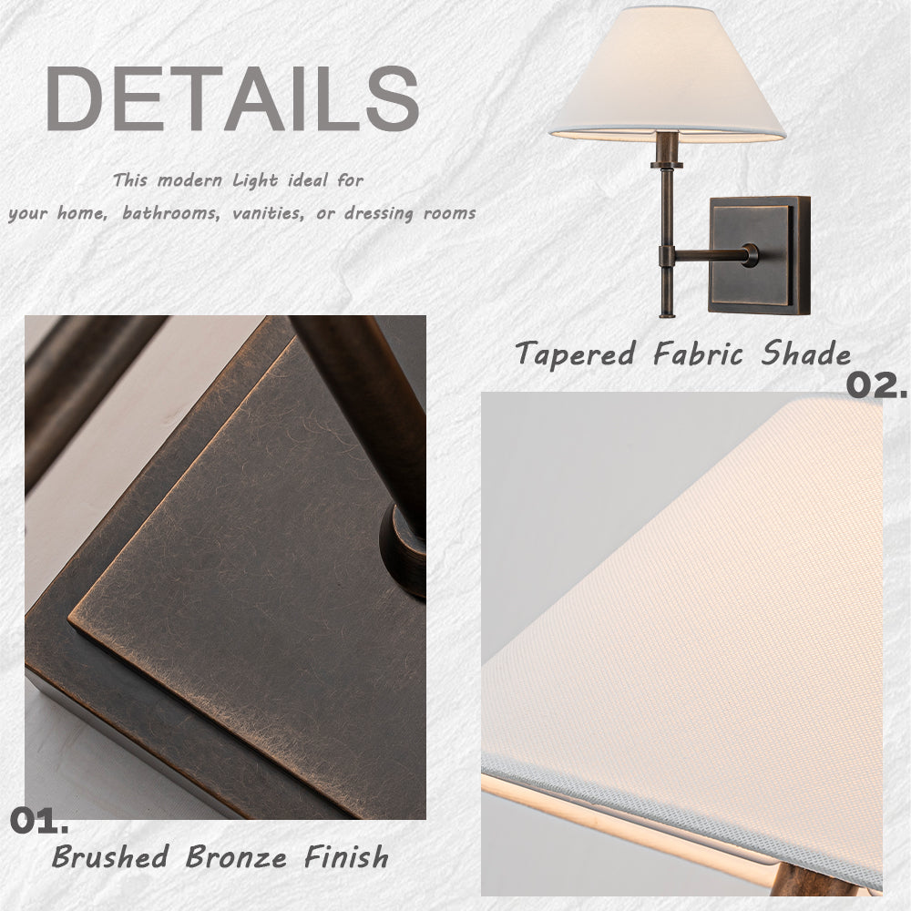 Modern Bronze 12'' Tall 1-Light Fabric Shade Wall Sconces Farmhouse White Linen Tapered Shade Sconce For Bathroom Mirror Hallway