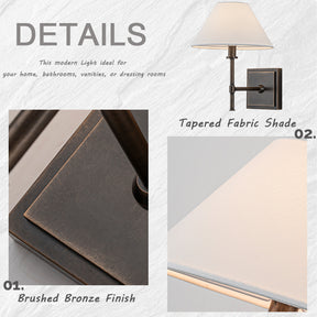 Modern Bronze 12'' Tall 1-Light Fabric Shade Wall Sconces Farmhouse White Linen Tapered Shade Sconce For Bathroom Mirror Hallway