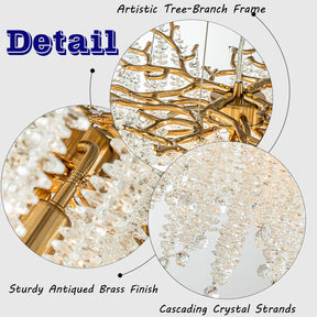 OpenBox 20" Modern Glam Crystal Chandelier Antique Brass Branch Style 4-Light Pendant Ceiling Light