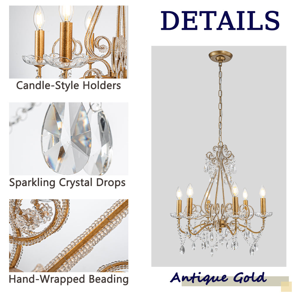 OpenBox 6-Lights Antique Gold Classic Candlestick Chandelier 22'' Mid-century French Style Pendant Light with Crystal Teardrop Beads