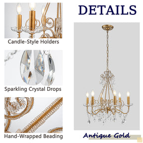 OpenBox 6-Lights Antique Gold Classic Candlestick Chandelier 22'' Mid-century French Style Pendant Light with Crystal Teardrop Beads