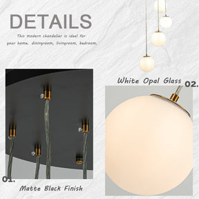 8-Light Opal Glass Globe Chandelier Modern Staircase Pendant Light in Matte Black and Antique Brass for Foyer, Entryway, High Ceilings