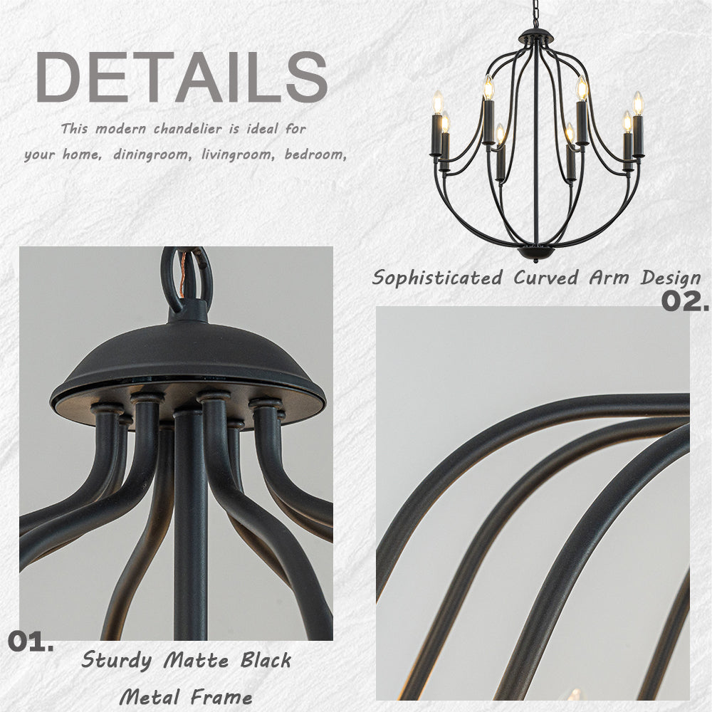 OpenBox 26'' 8-Light Modern Matt Black Classic Candelabra Chandelier Farmhouse Candle Pendant Light