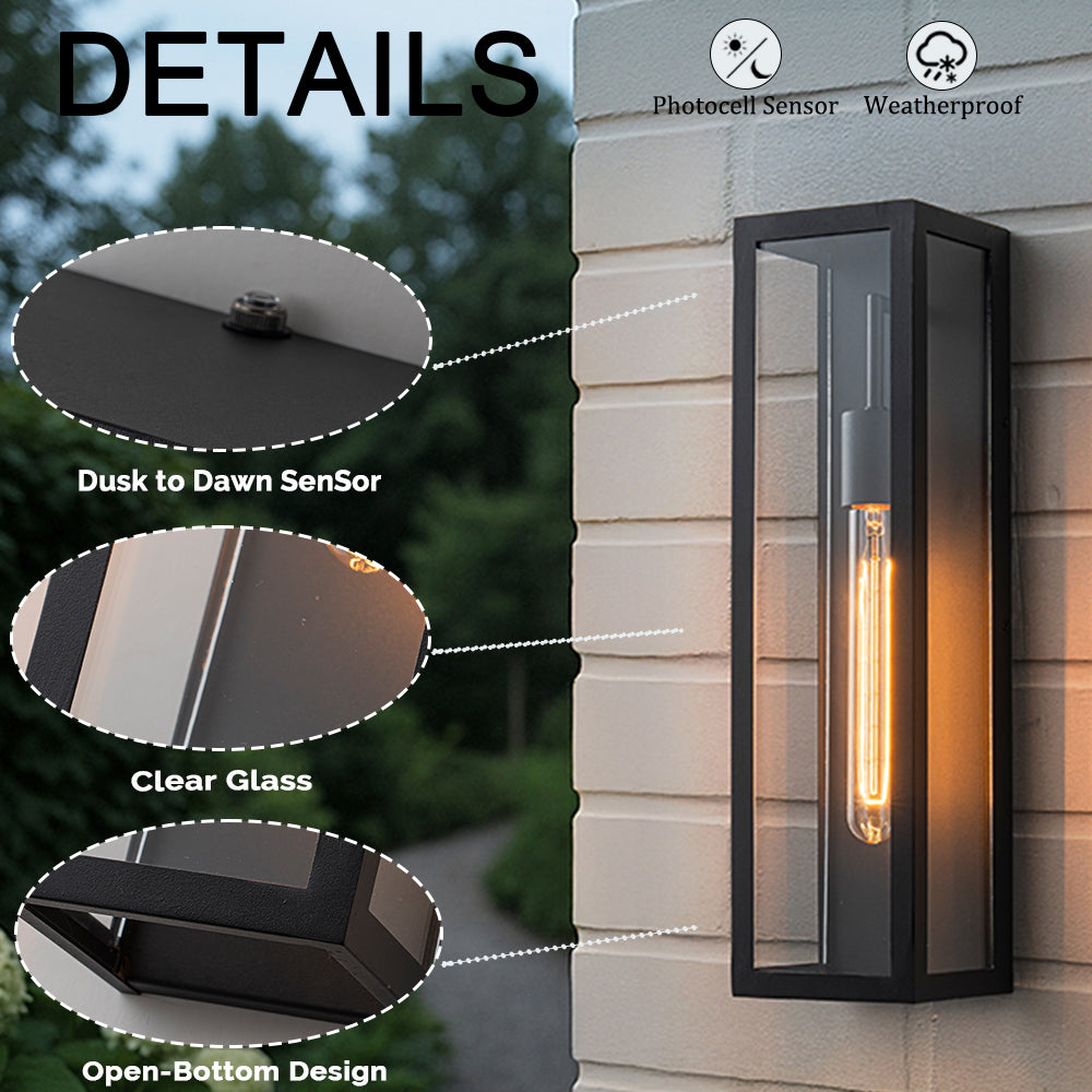 H18" 1-Light Modern Minimalist Black Outdoor Wall Lantern with Clear Glass Dusk to Dawn Outdoor Exterior Wall Light Open Bottom Wall Sconce for Porch Garage Entryway