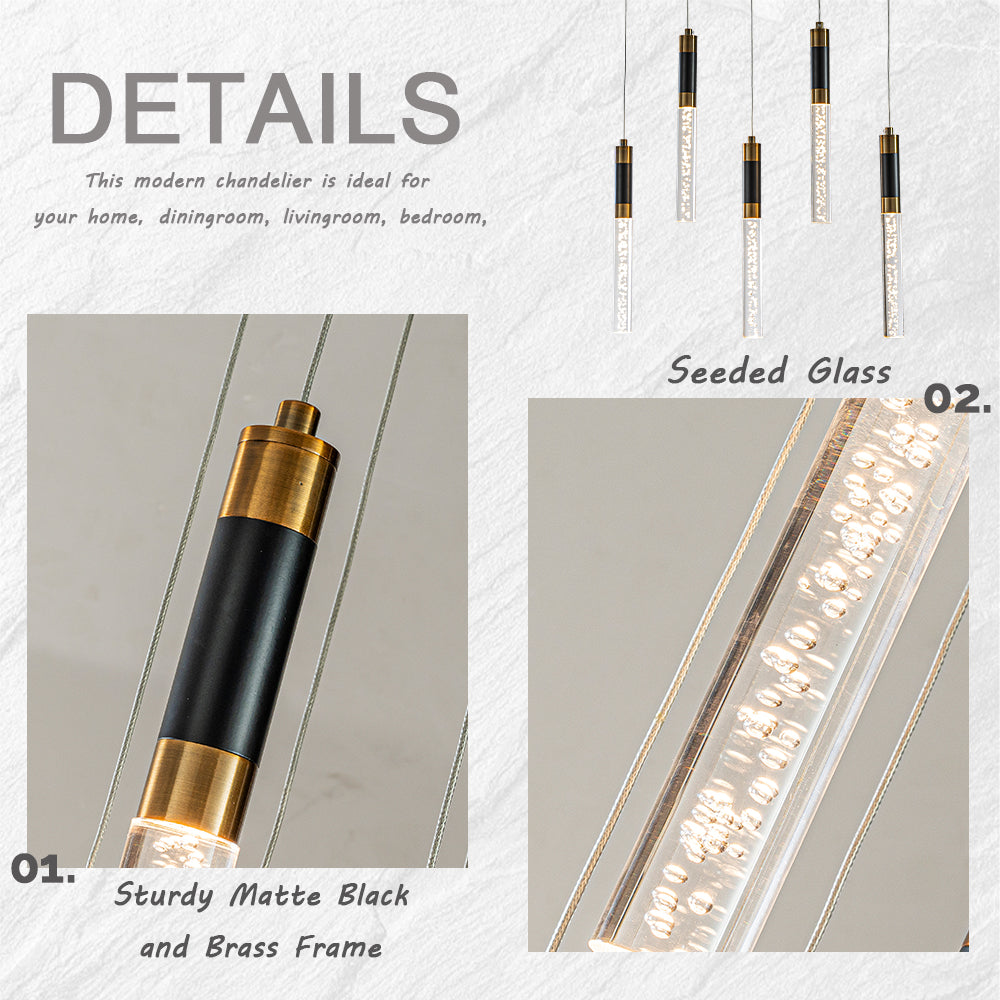 31" Modern Linear 5-Light Seeded Bubble Glass Integrated LED Chandelier Dimmable Pendant Light In Matte Black For Dining Room Kitchen Island
