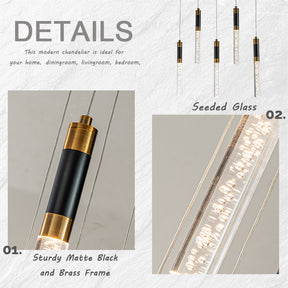31" Modern Linear 5-Light Seeded Bubble Glass Integrated LED Chandelier Dimmable Pendant Light In Matte Black For Dining Room Kitchen Island