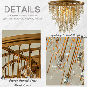 7-Light Modern Crystal Flush Mount Ceiling Light 28” Painted Brass Luxury Glam Flush Lighting for Bedroom Entryway Low Ceiling