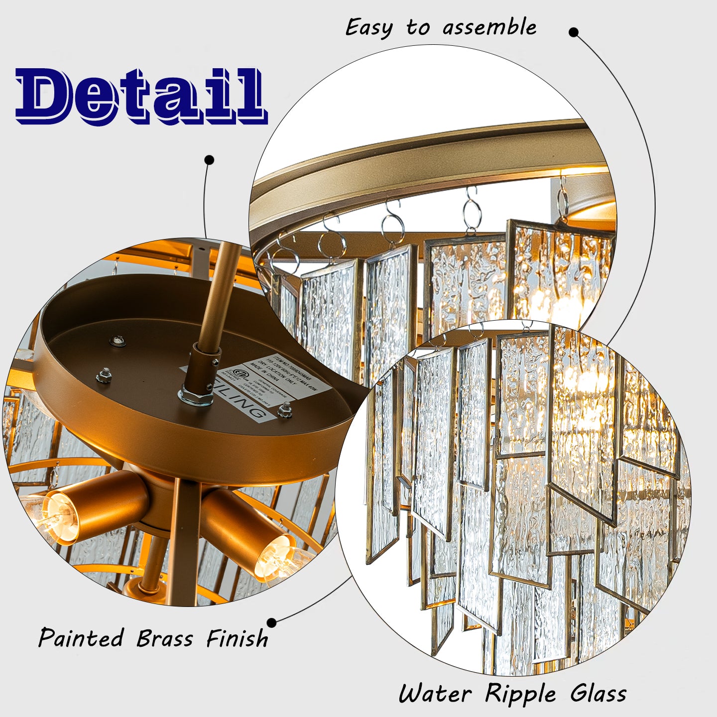 OpenBox Modern 6-Light 18in. Painted Brass Luxury Water Ripple Glass Chandelier for Living Room