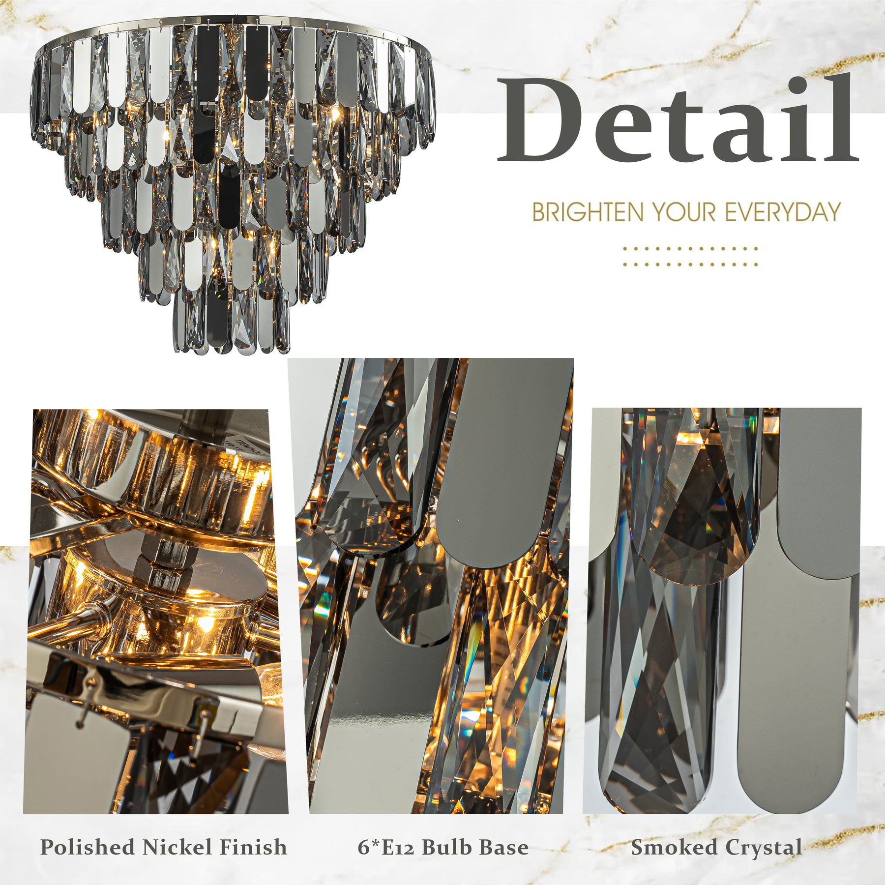 6-Light Dimmable 5-Tier Smoked Crystal Flush Mount Ceiling Light 22" Low Profile Fixture with Polished Nickel Finish and Stainless Steel Accents for Bedroom, Dining Room