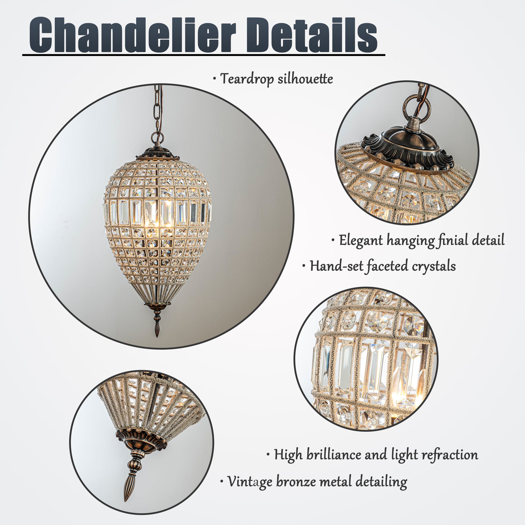 1-Light French Empire Handcrafted Crystal Chandelier Antique Bronze Finish Dimmable Vintage Pendant Light for Dining Room Foyer Bedroom