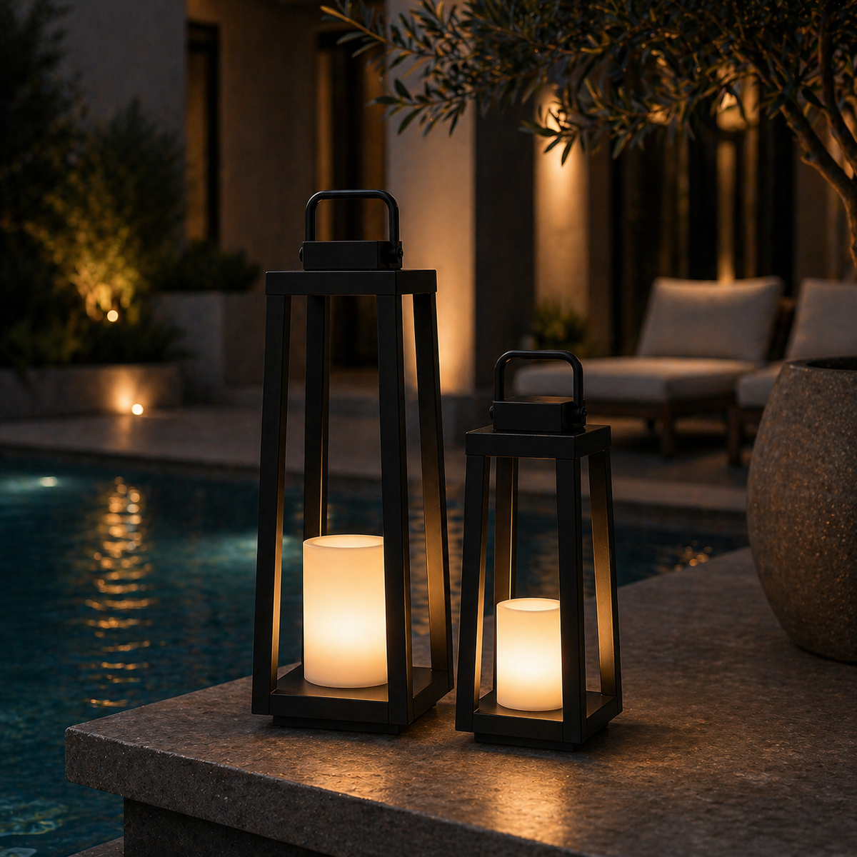 1 Light H24" Modern Matte Black Solar Lantern with Candle Shape Large Outdoor Light Decorative Portable Hanging LED Lights for Patio Camping