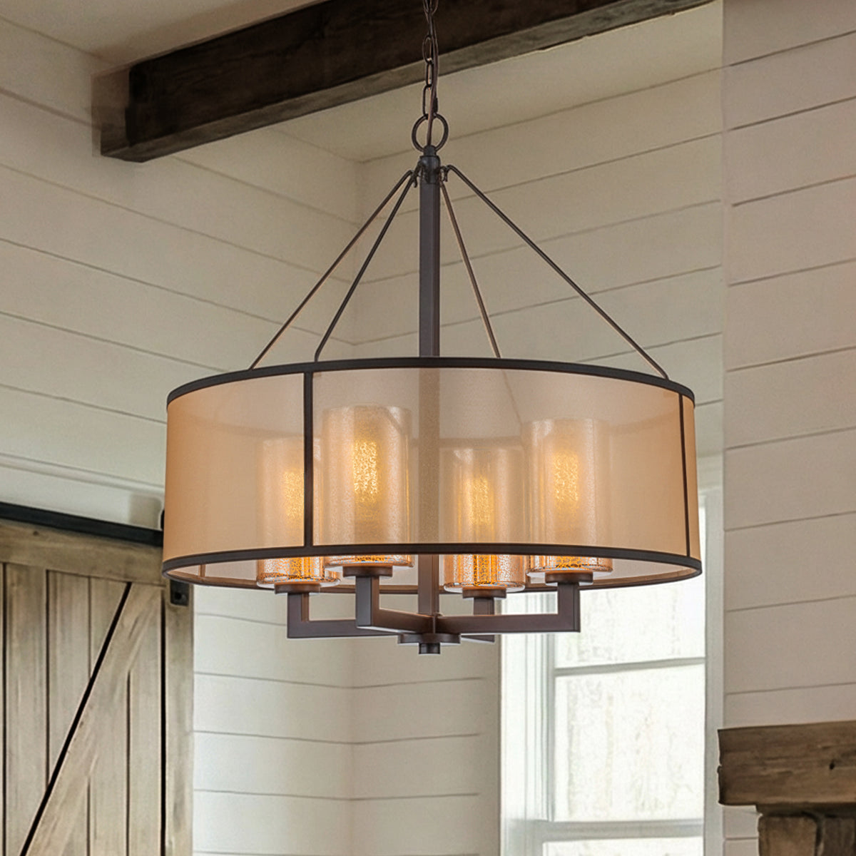 24-Inch 4-Light Oil Rubbed Bronze Modern Farmhouse Chandelier Drum Shade Mercury Glass for Dining Room Living Room