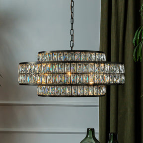 28" Large Crystal Chandelier Matte Black 2-Tier Drum Pendant Light 8-Light Modern Glam Lighting Fixture for Dining Room Living Room