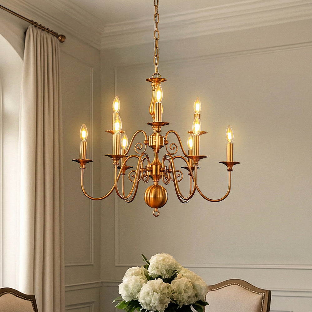 26'' 9-Light French Country Chandelier Antique Brass Finish 2-Tier Candle Style Pendant Lighting for Dining Room Living Room or Foyer