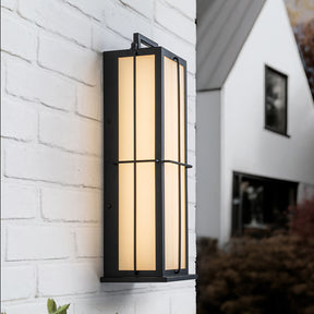 16 in. Black Outdoor Integrated 16W LED Wall Lantern with Frosted Panels and Dusk-to-Dawn Sensor for Porch & Garage