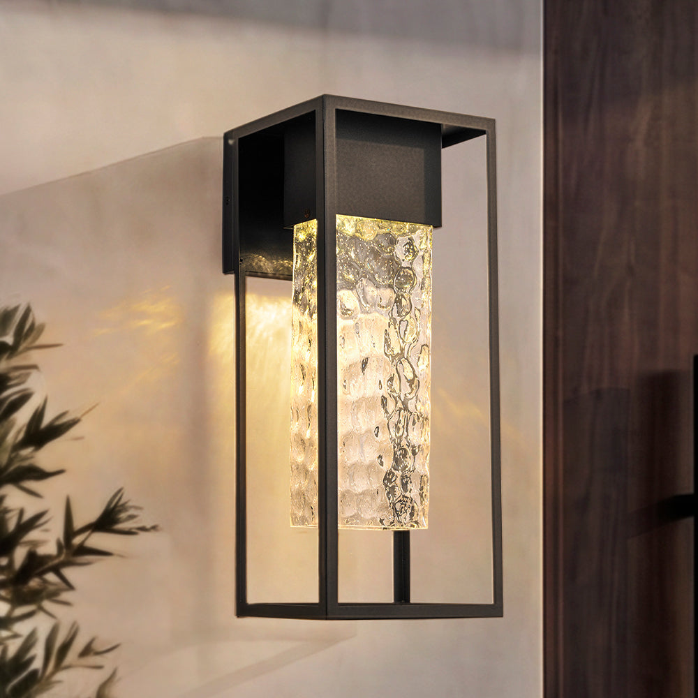 H19" Modern Large Matte Black 10W Integrated LED Wall Sconce with Open Frame and Seeded Glass for Porch Garage Entryway Exterior Lighting