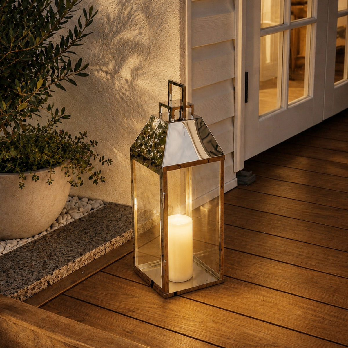 H17 inch Modern Solar Outdoor Lantern with Flickering LED Candle, Stainless Steel and Tempered Glass