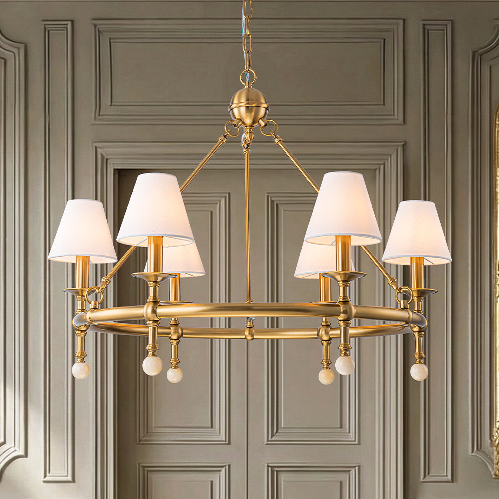 34'' Warm Brass 6-Light Statement Chandelier Unique Classic Pendant Lighting with White Fabric Shades and Alabaster Finials for Dining Room Kitchen Island