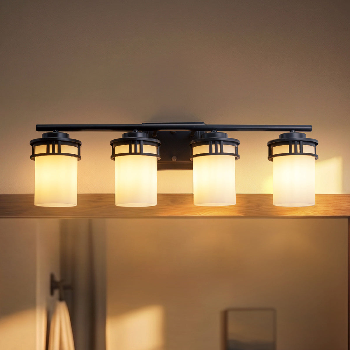 27-in Mid-century modern 4-Light Bathroom Vanity Light Bath Bar Dark Brown Wall Sconce with Frosted Glass Shades for Mirror Hallway