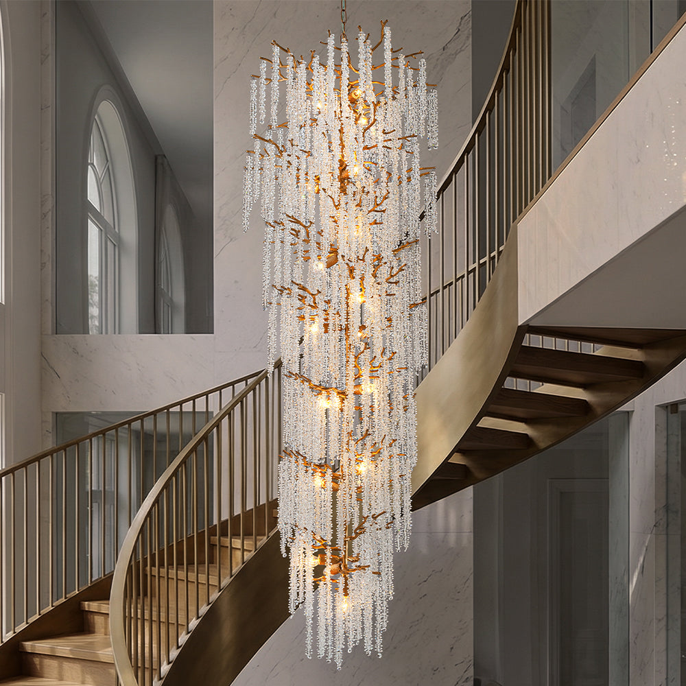 24'' W x 156'' H 21-Light Tree Branch Glass Chandelier in Antique Brass with Clear Glass for Foyers, Staircases, and Tall Ceilings