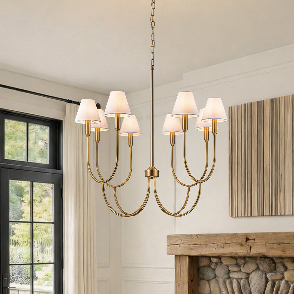 8-Light 32-Inch Mid-century Modern Satin Brass Large Chandelier with White Linen Fabric Shades For Dining Room or Foyers
