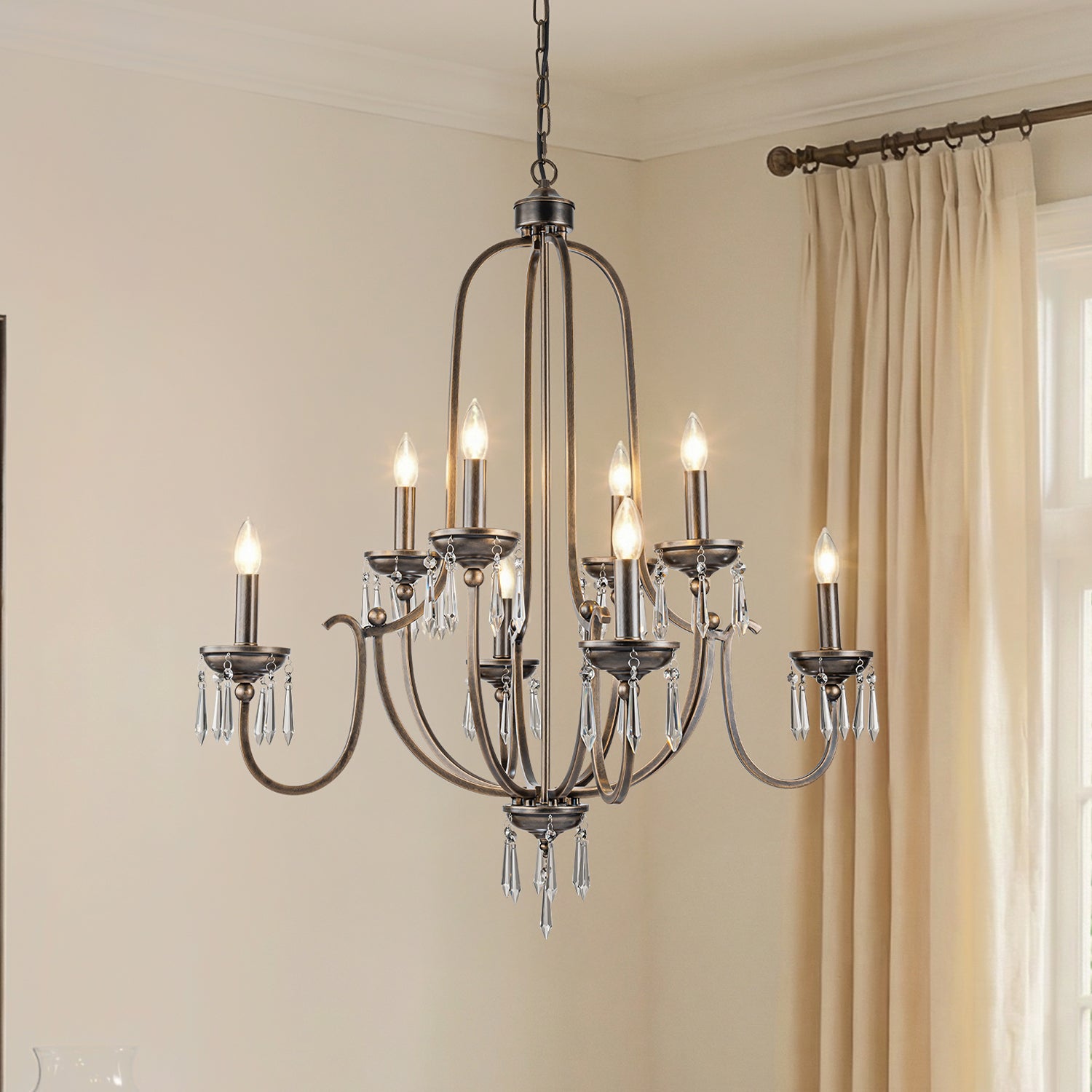 35'' 8-Light Antique Bronze Dimmable Traditional Metal Chandelier with Crystal Accents and Adjustable Hanging Height for Dining Room Foyer or Living Room