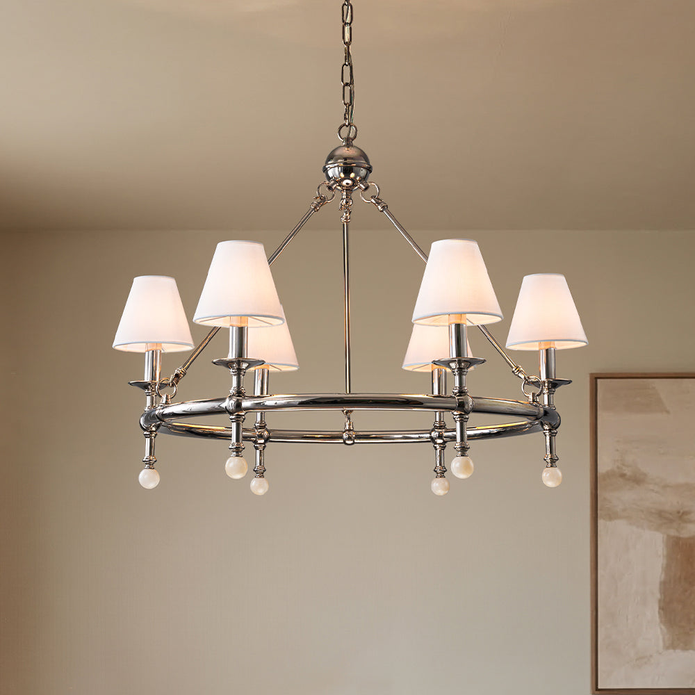 34'' Polished Nickel 6-Light Unique Statement Chandelier Transision Pendant Lighting with White Fabric Shades and Alabaster Finials for Dining Room Kitchen Island