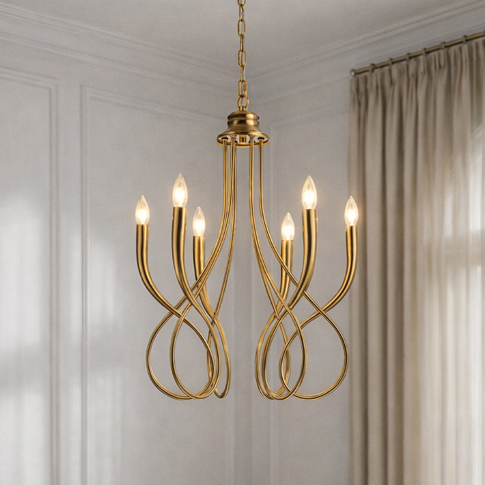 20'' 6-Light Plated Brass Candelabra Chandelier with Curved Arms Mid-Century Modern Pendant Light for Dining Room or Entryway