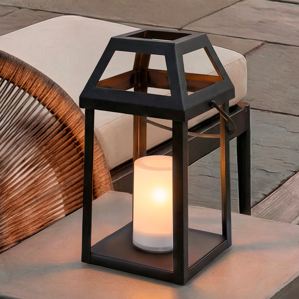 H13” Solar Outdoor Lantern with Flickering Candle Modern Metal Solar Lantern with Handle, Waterproof Patio Table & Hanging Light Auto On/Off for Garden Deck