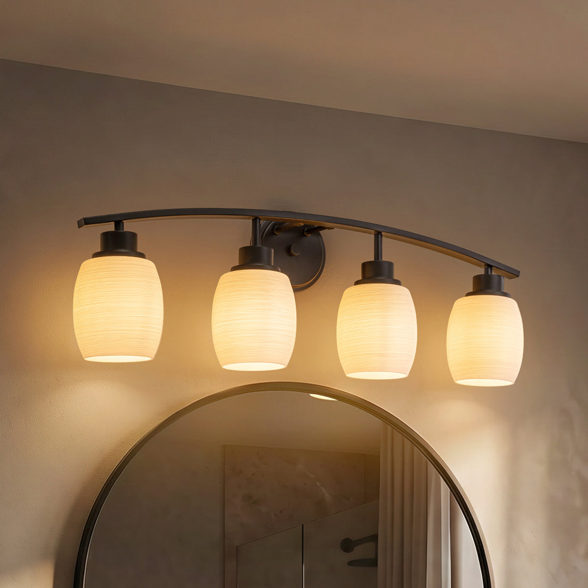 28-in Modern Contemporary  4-Light Bathroom Vanity Light Bath Bar Dark Brown Wall Sconce with Textured Opal Glass Shades for Mirror Hallway