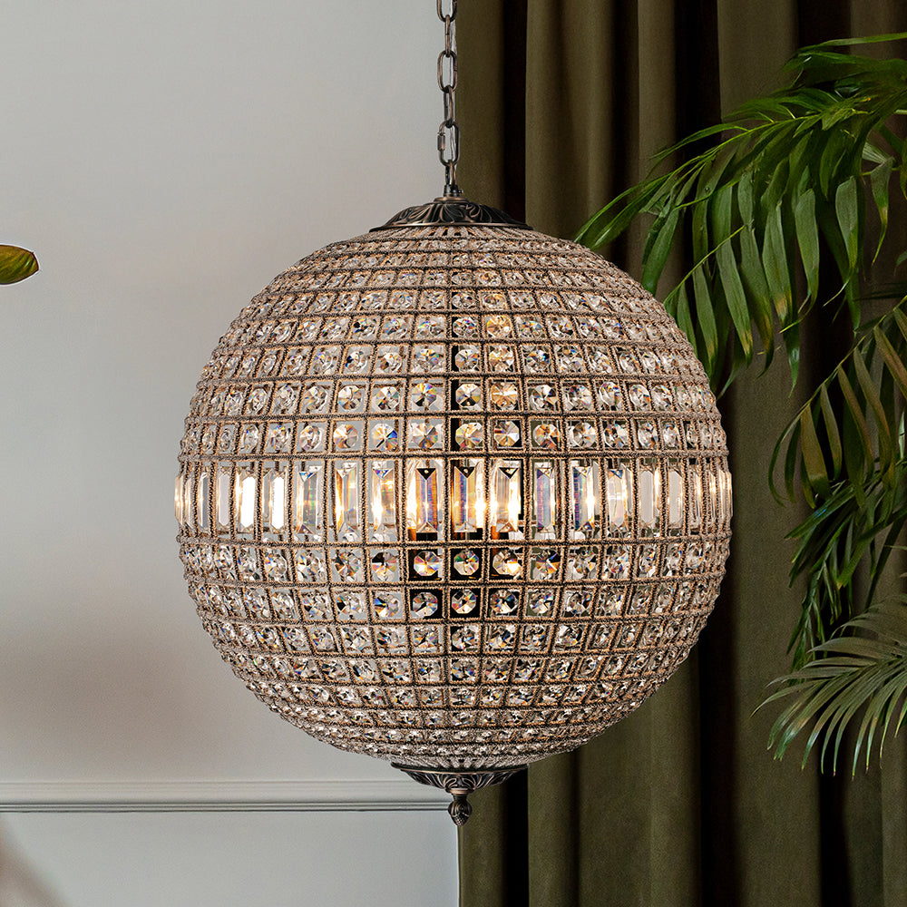 5-Light 24'' French Vintage Handcrafted Crystal Globe Chandelier Antique Bronze Mid-Century Pendant Light Dimmable For Dining Room Living Room or Foyer