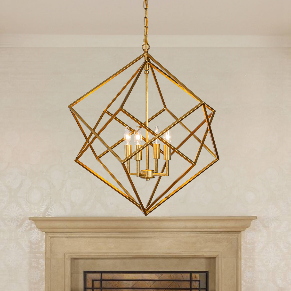 Open Box 25in 4-Light Modern Geometric Chandelier Metal Caged Ceiling Hanging Pendant in Antique Gold