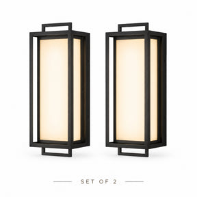 Architectural Outdoor Integrated LED Wall Sconce Set of 2 with Layered Frame and Acid-Etched White Glass