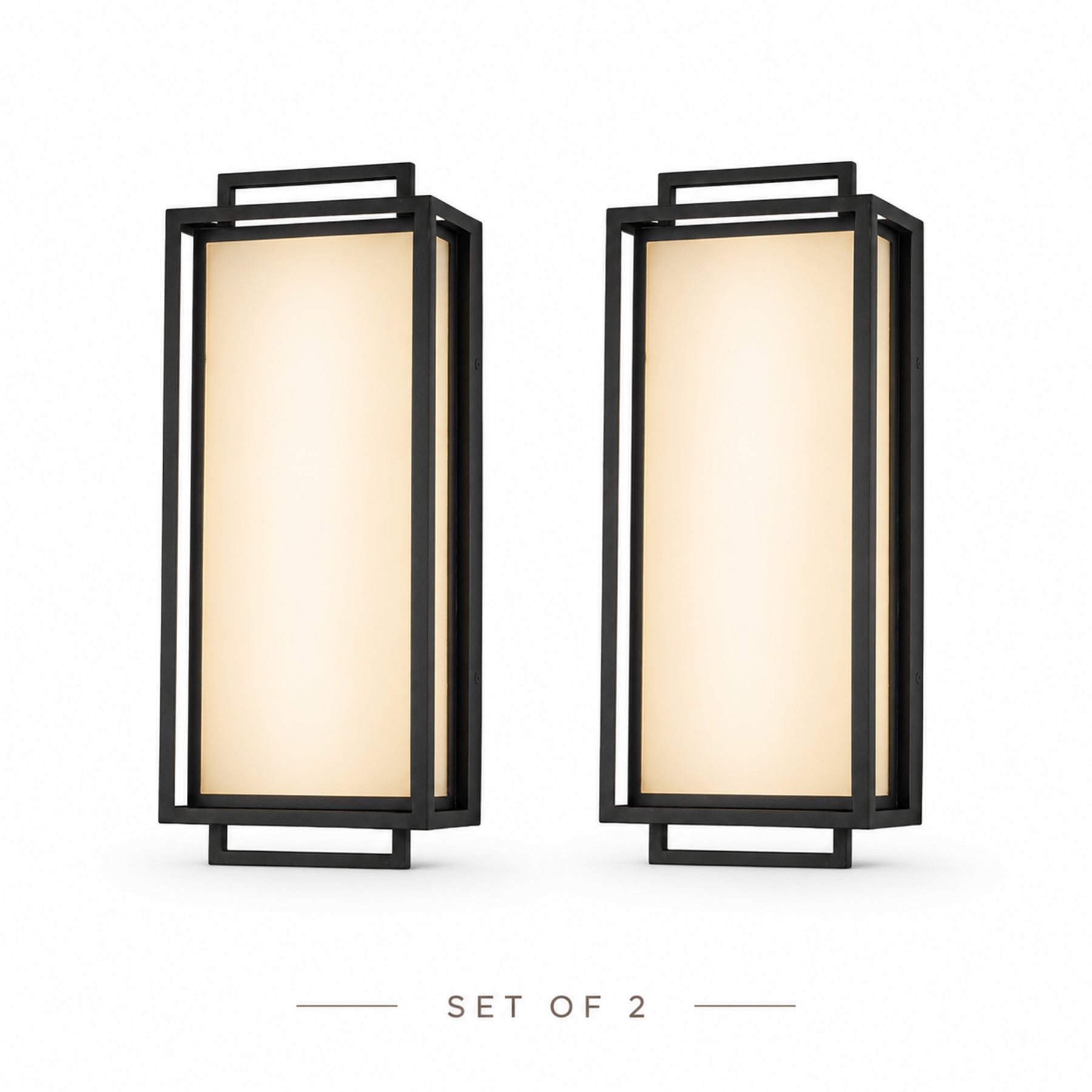 Large Architectural Outdoor Integrated LED Wall Sconce Set of 2 with Layered Frame and Acid-Etched White Glass