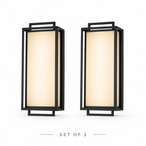 Large Architectural Outdoor Integrated LED Wall Sconce Set of 2 with Layered Frame and Acid-Etched White Glass