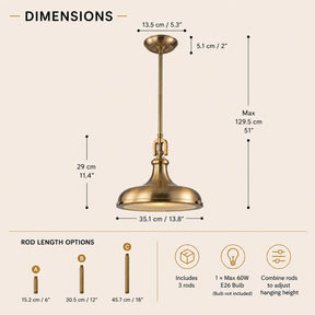 14'' Transitional 1-Light Satin Brass Pendant Light with Frosted Glass Shade for Kitchen Island or Dining Room