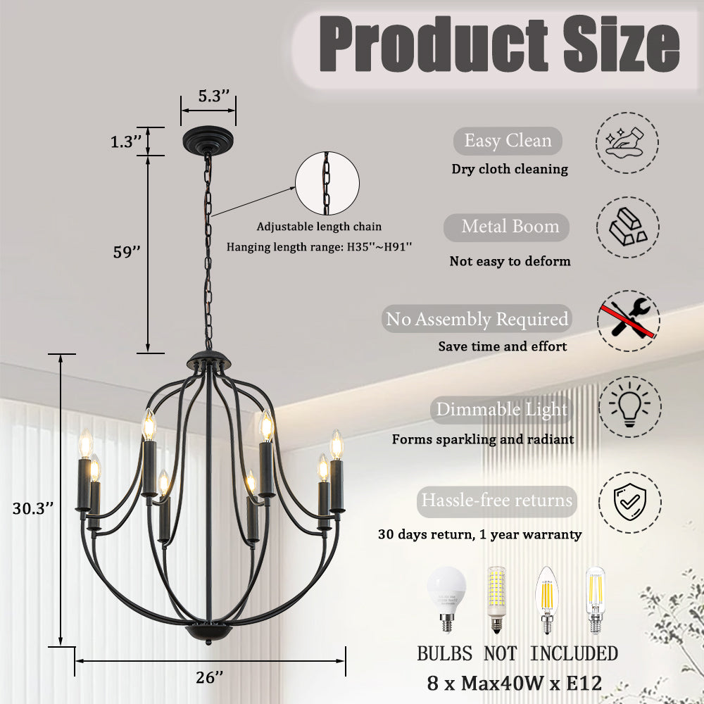 OpenBox 26'' 8-Light Modern Matt Black Classic Candelabra Chandelier Farmhouse Candle Pendant Light