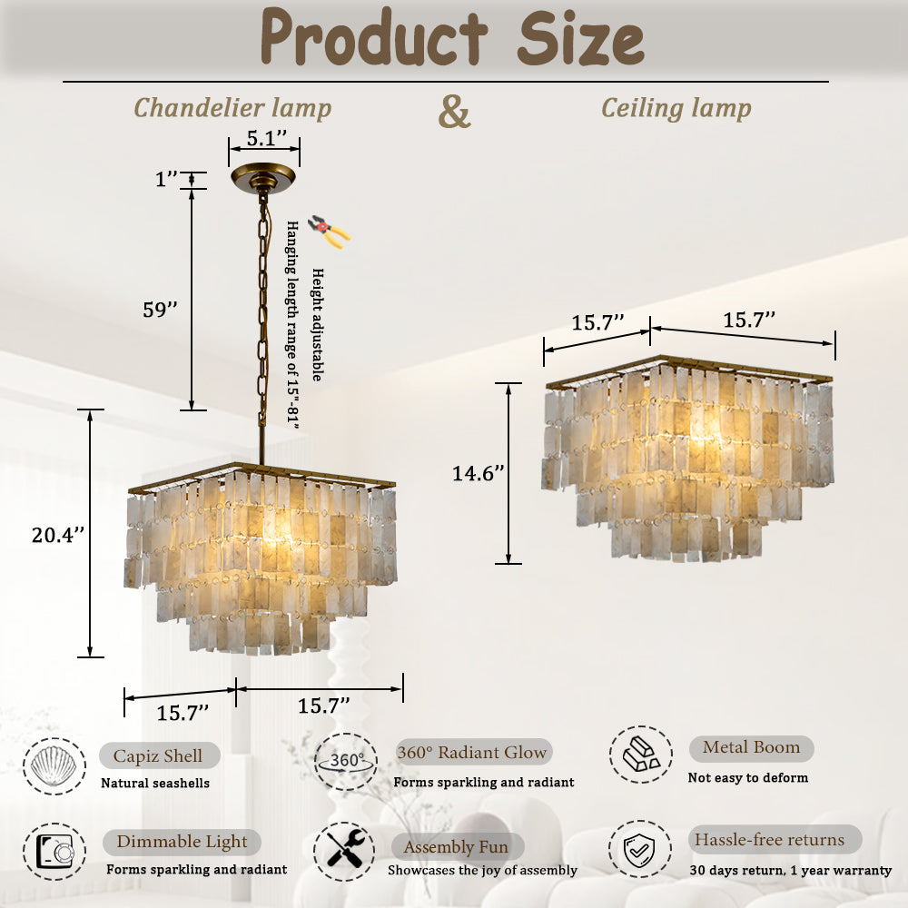 OpenBox 3-Light Coastal Natural Capiz Shell Tiered Chandelier With Square Antique Gold Frame