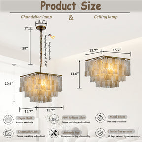 OpenBox 3-Light Coastal Natural Capiz Shell Tiered Chandelier With Square Antique Gold Frame