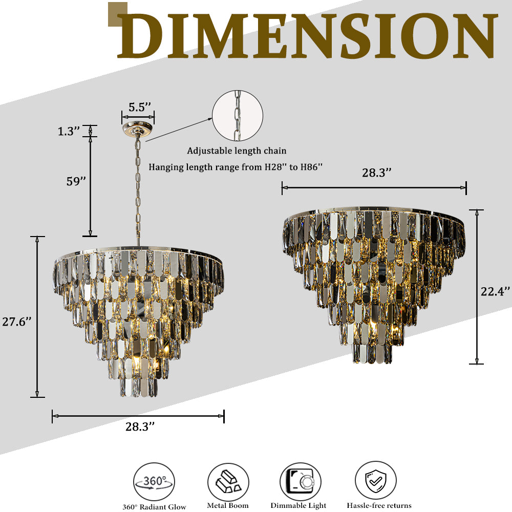 28" 12-Light Dimmable 7-Tier Smoked Crystal Chandelier Large Modern Luxury Pendant Light with Polished Nickel Finish and Stainless Steel Accents for Dining Room, Living Room