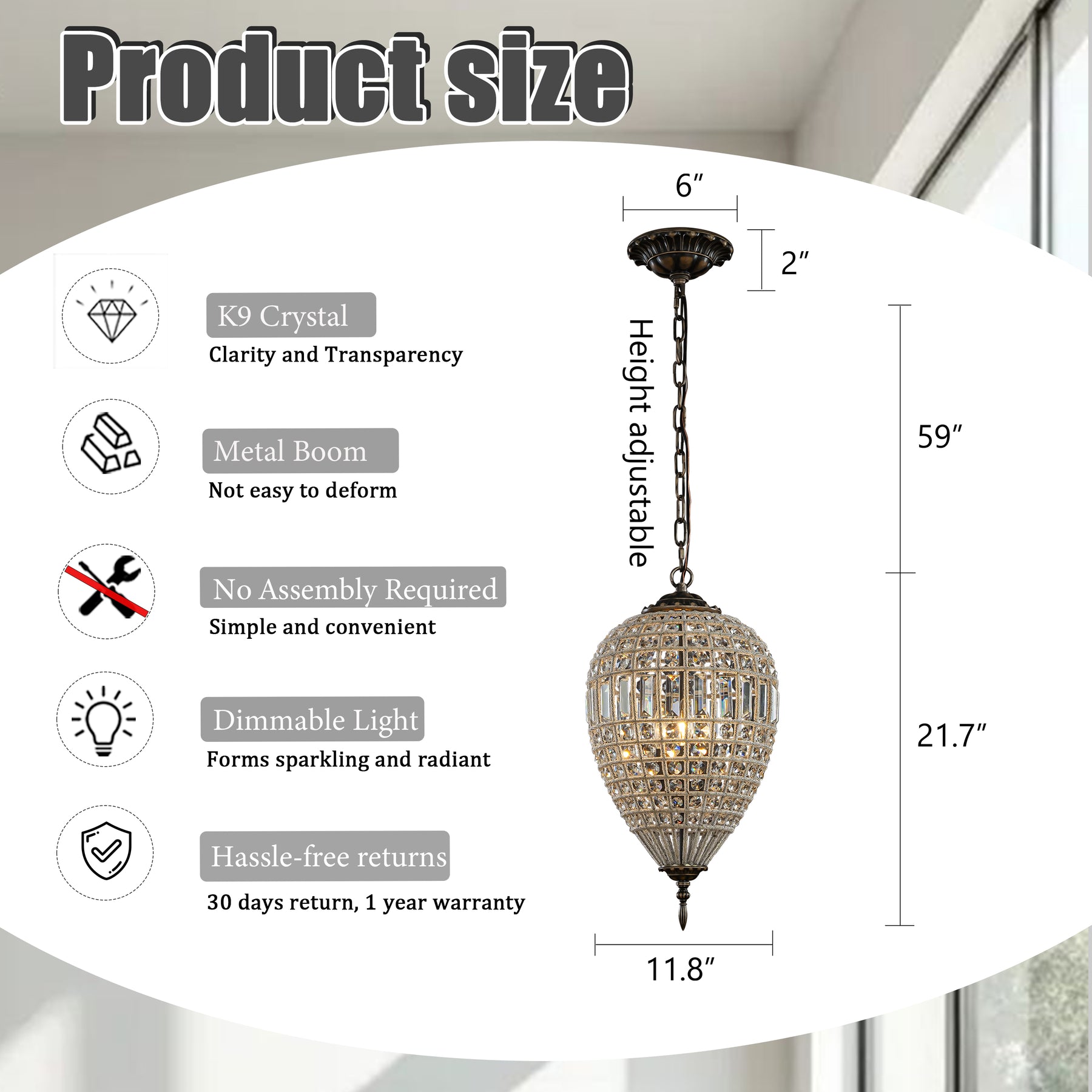 1-Light French Empire Handcrafted Crystal Chandelier Antique Bronze Finish Dimmable Vintage Pendant Light for Dining Room Foyer Bedroom