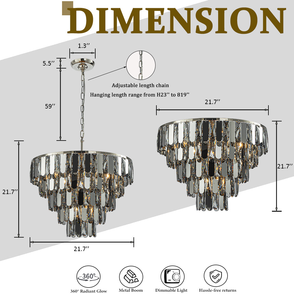 6-Light Dimmable 5-Tier Smoked Crystal Chandelier 22" Modern Pendant Light Fixture with Polished Nickel Finish and Stainless Steel Accents for Dining Room, Living Room