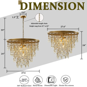 28” 7-Light Mid-Century Statement Crystal Chandelier Painted Brass Vintage Glam Pendant Light Adjustable Ceiling Fixture for Dining Room Living Room
