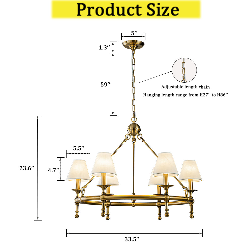 OpenBox 34" Brass Pleated Fabric Chandelier, 6-Light Mid Century Modern Dining Room Light Fixture with White Fabric Shades