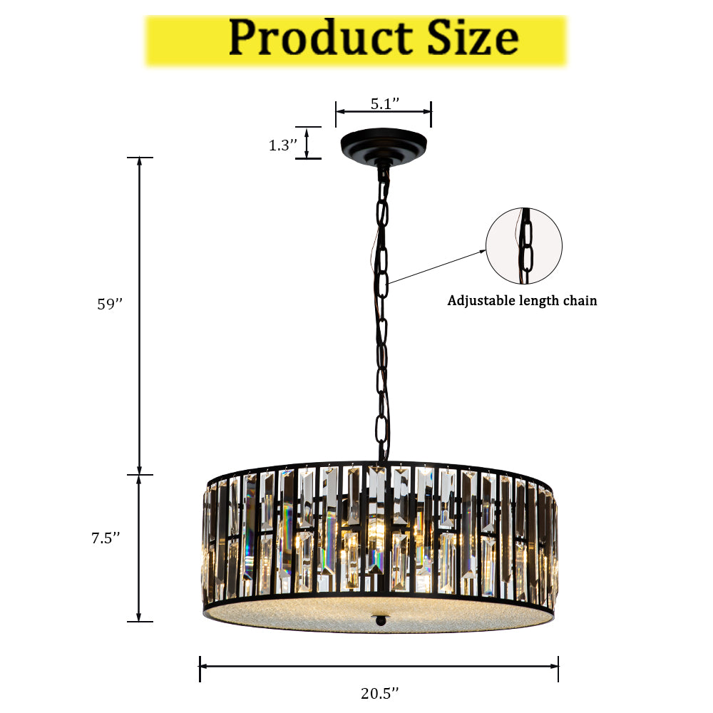 OpenBox 6-Light Black Mondern Farmhouse Lantern Drum Chandeliers With Crystal Accents