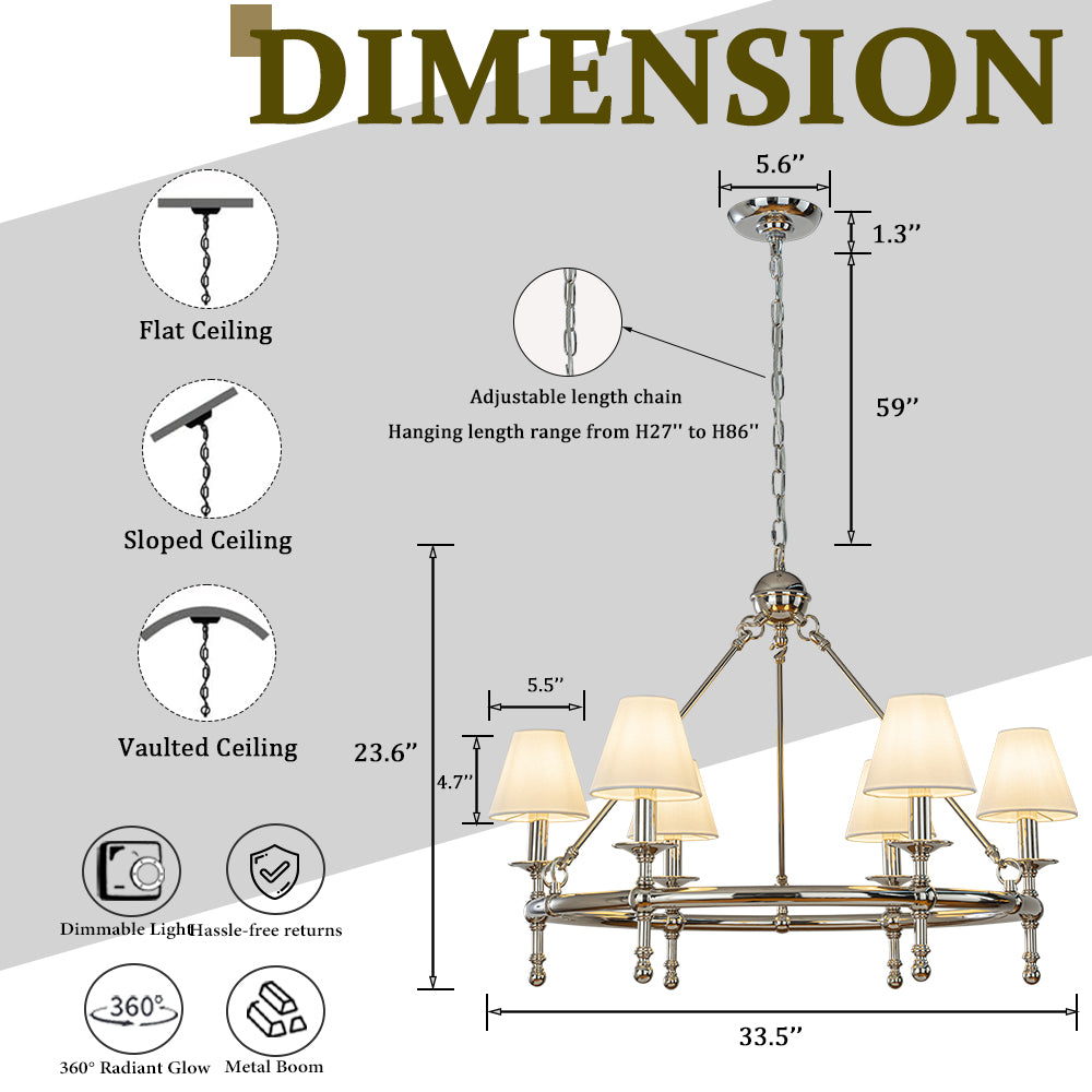OpenBox Vintage Nickel Chandelier 6-Light Classic Pendant Fixture Elegant Interior Lighting With White Shades