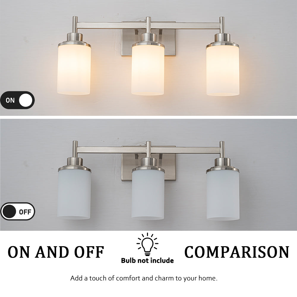 Modern 3-Light Bathroom Vanity Light, Brushed Nickel Wall Sconce with Opal Glass Shades 22 in. Wall Mounted Fixture for Mirror, Bathroom, Hallway