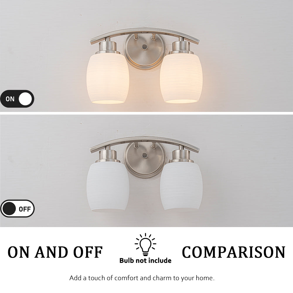 Modern Contemporary 2-Light Bathroom Vanity Light Satin Nickel Wall Sconce with Textured Opal Glass Shades 12-Inch Wall Mounted Fixture for Mirror Hallway